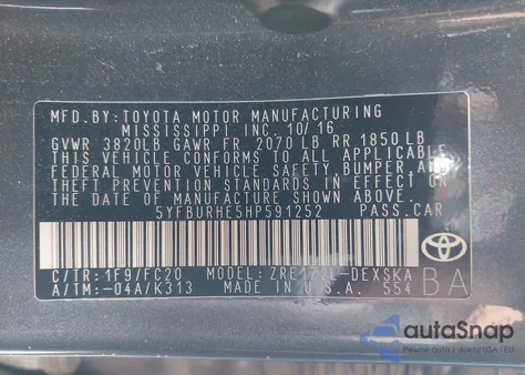 2017 Toyota Corolla Se from USA, damaged, VIN 5YFBURHE5HP591252